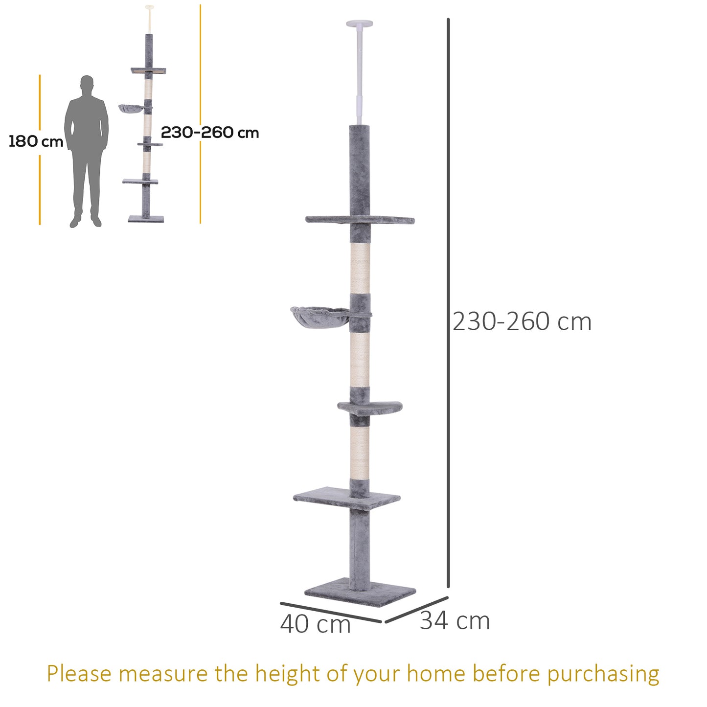 Floor to Ceiling Cat Tree 230-260cm Height Adjustable, 5-Tier Cat Tower with Scratching Posts, Hammock, Perches