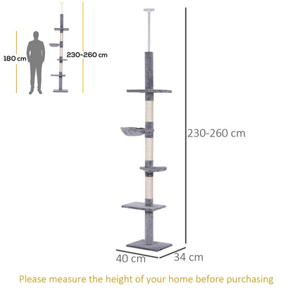 Floor to Ceiling Cat Tree 230-260cm Height Adjustable, 5-Tier Cat Tower with Scratching Posts, Hammock, Perches