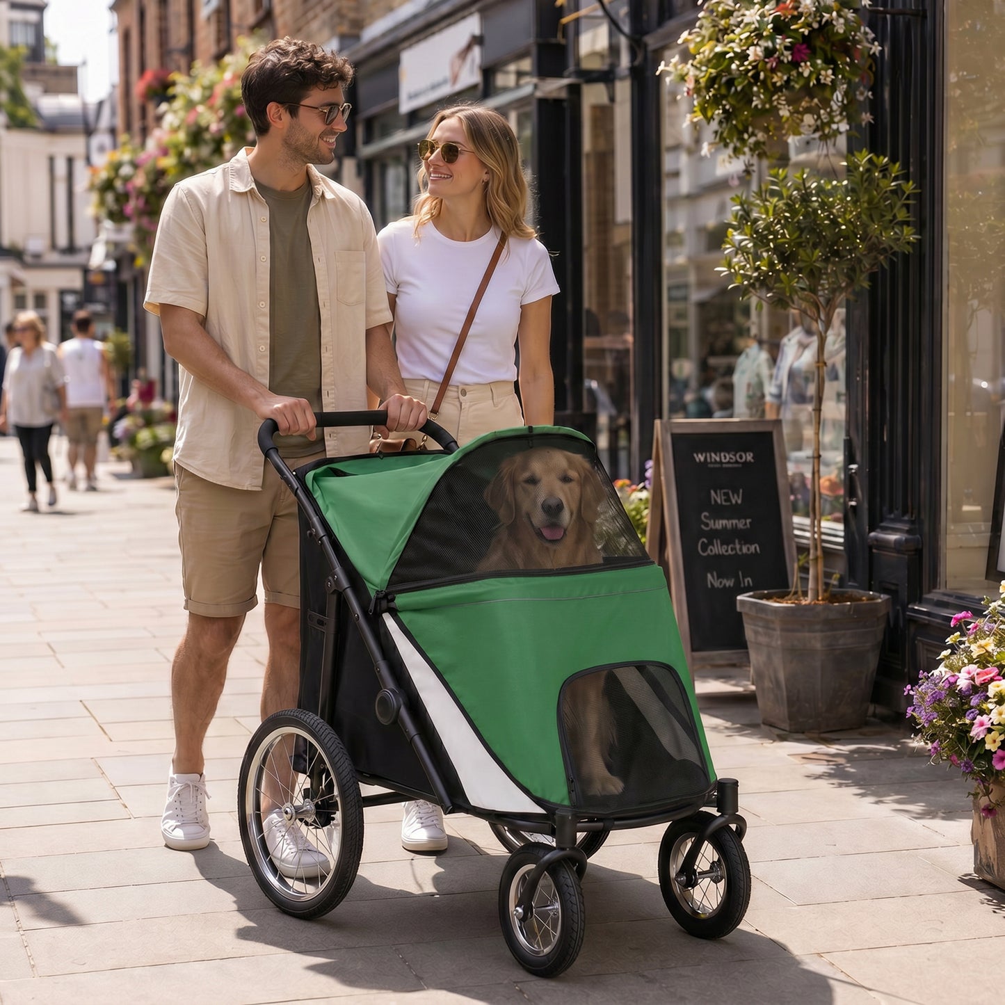 Foldable Pet Stroller, with Washable Cushion, Storage Bags, Safety Leash, for Medium, Large Dogs, Cats - Green