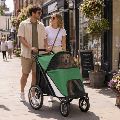 Foldable Pet Stroller, with Washable Cushion, Storage Bags, Safety Leash, for Medium, Large Dogs, Cats - Green