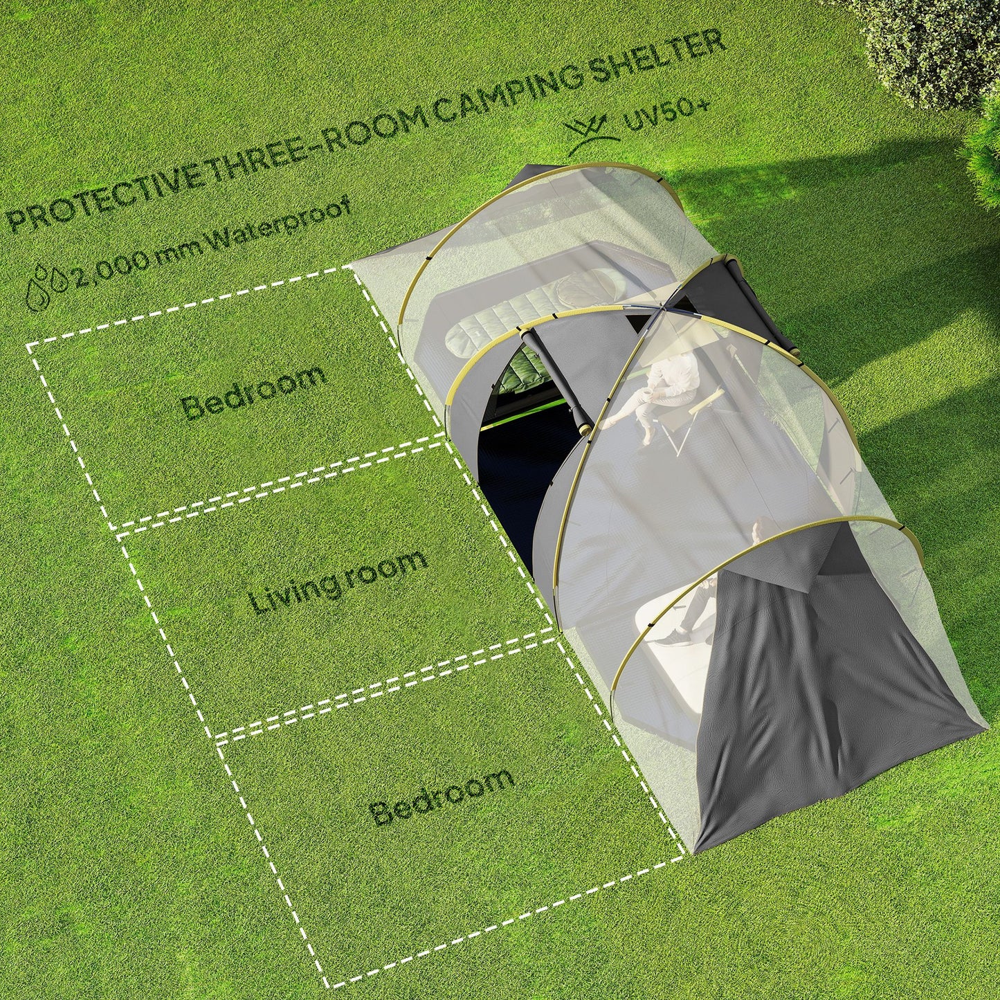 Four-Man Tunnel Tent, with Two Bedrooms and Living Room - Grey/Yellow