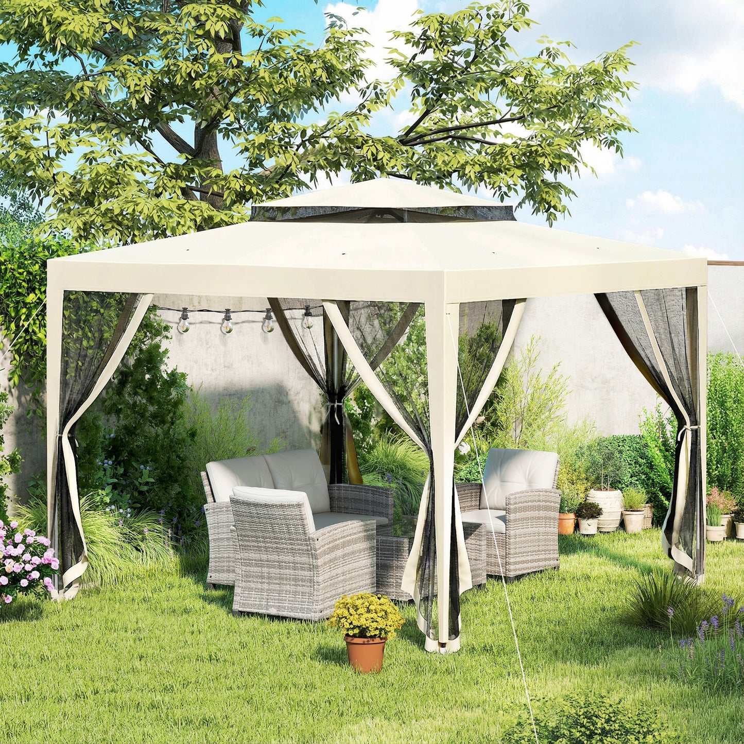 3 x 3 m Gazebo, Netting Party Tent, Patio Canopy Outdoor Event Shelter with Double Tier Roof, Beige