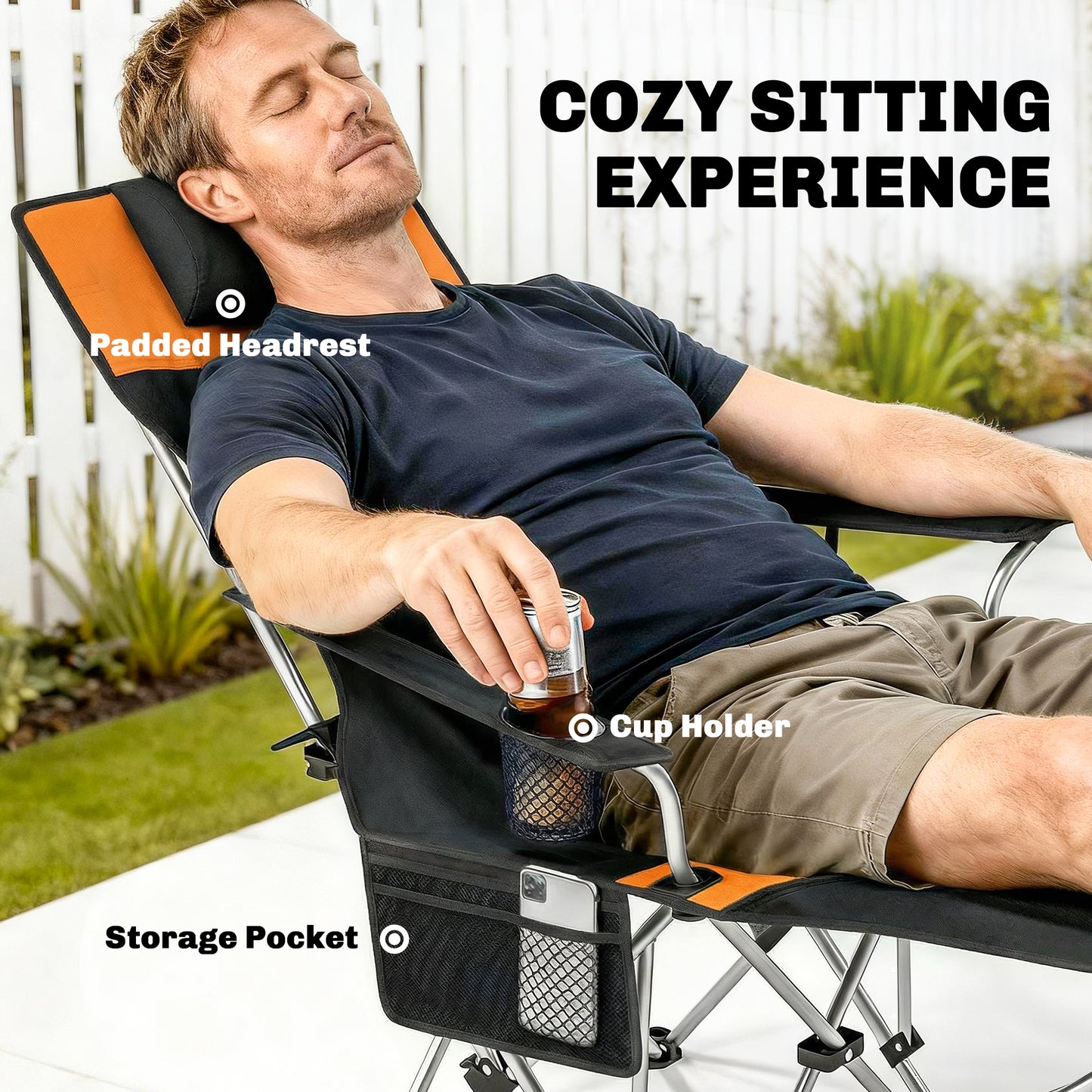 Set of 2 Reclining Folding Camping Chair w/ Detachable Footrest, Storage Bag, Cup Holder & Headrest