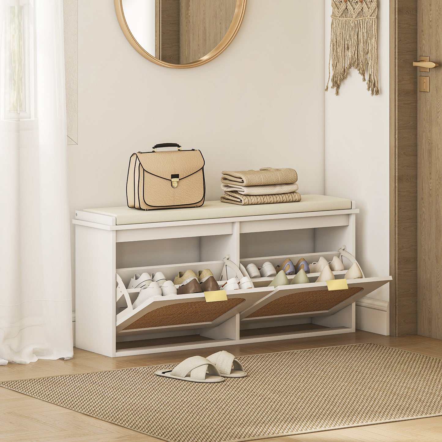 Boho Shoe Bench with Padded Seat and 2 Flip-Drawers - White