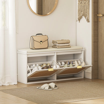 Boho Shoe Bench with Padded Seat and 2 Flip-Drawers - White