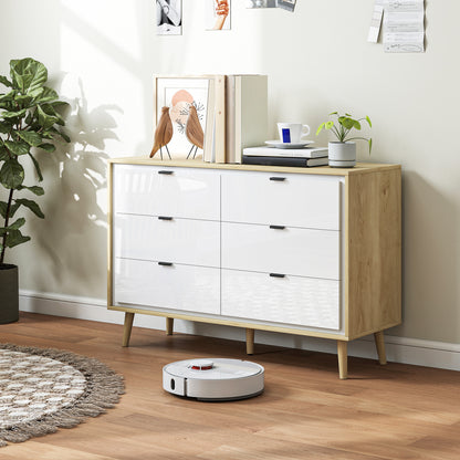 Storage Cabinet, Chest of Drawers with 6 Drawers and 5 Legs for Bedroom, High Gloss White
