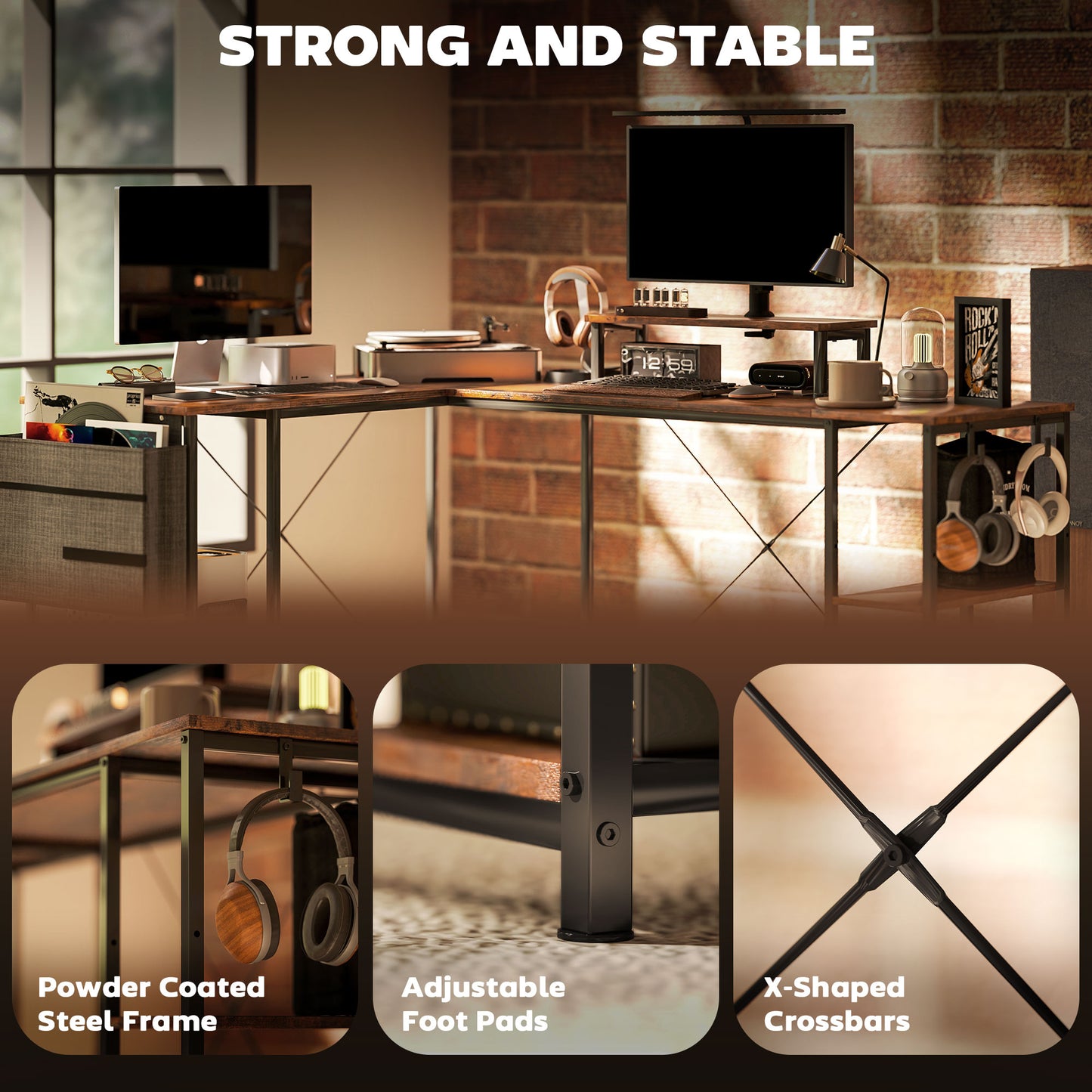 168cm Reversible L Shaped Desk, Industrial Corner Computer Desk with Adjustable Shelf and Storage Bag