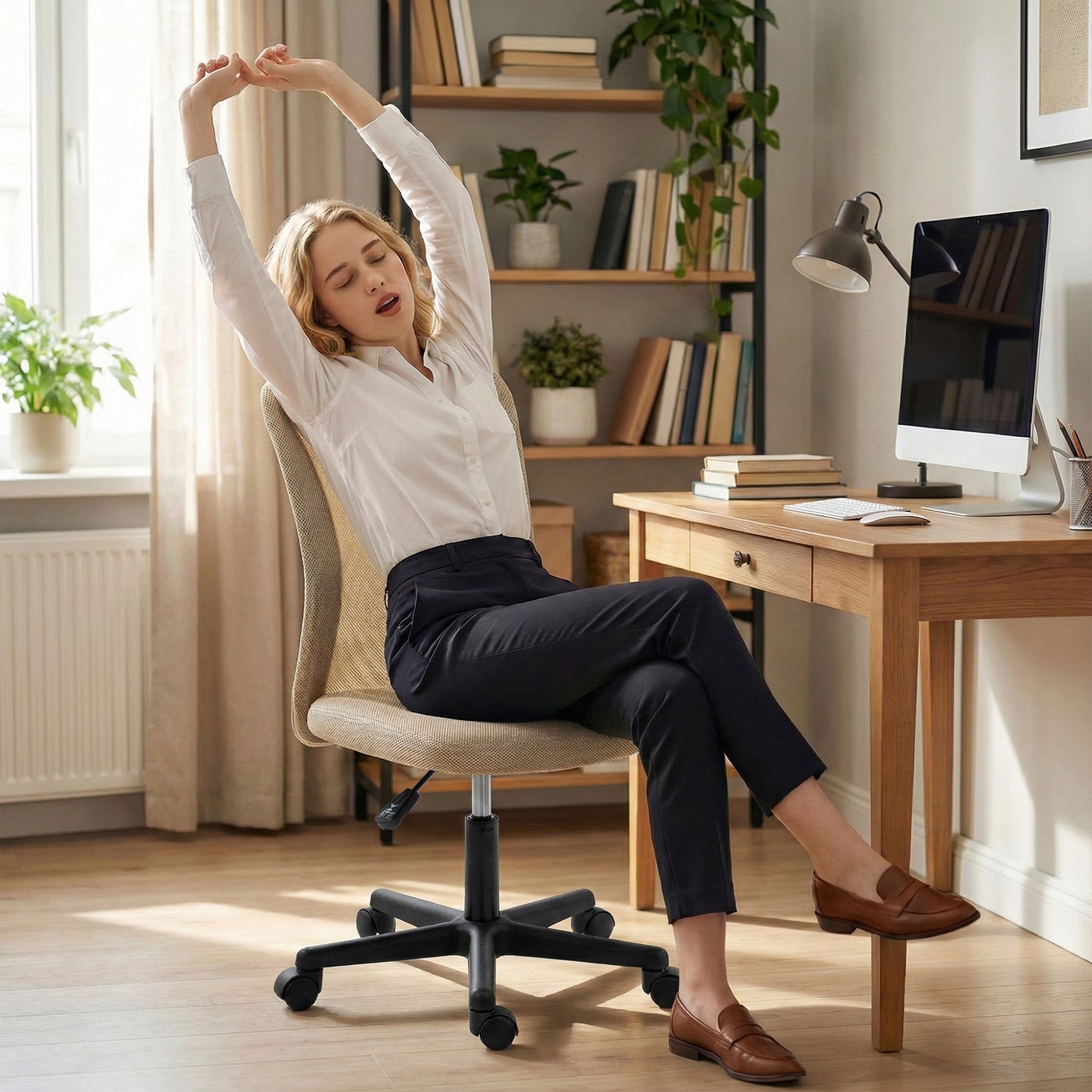 Computer Desk Chair, Mesh Office Chair with Adjustable Height and Swivel Wheels, Armless Study Chair, Beige