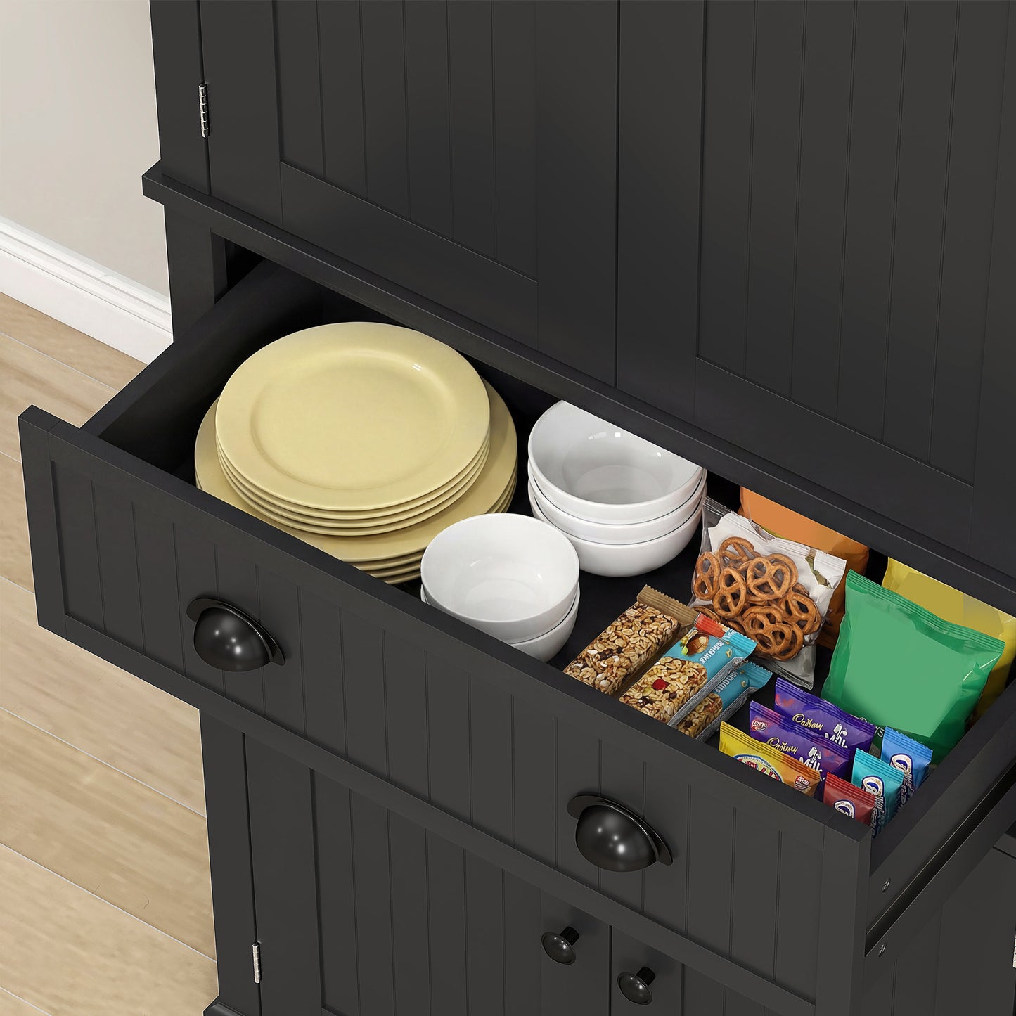 Kitchen Storage Cabinet with Drawer and Adjustable Shelves - Black