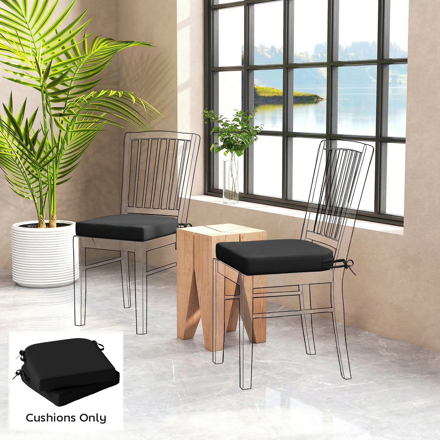 Outdoor Chair Seat Cushions Set of 2, Garden Chair Cushions with 7cm Thick Foam & Ties, Black