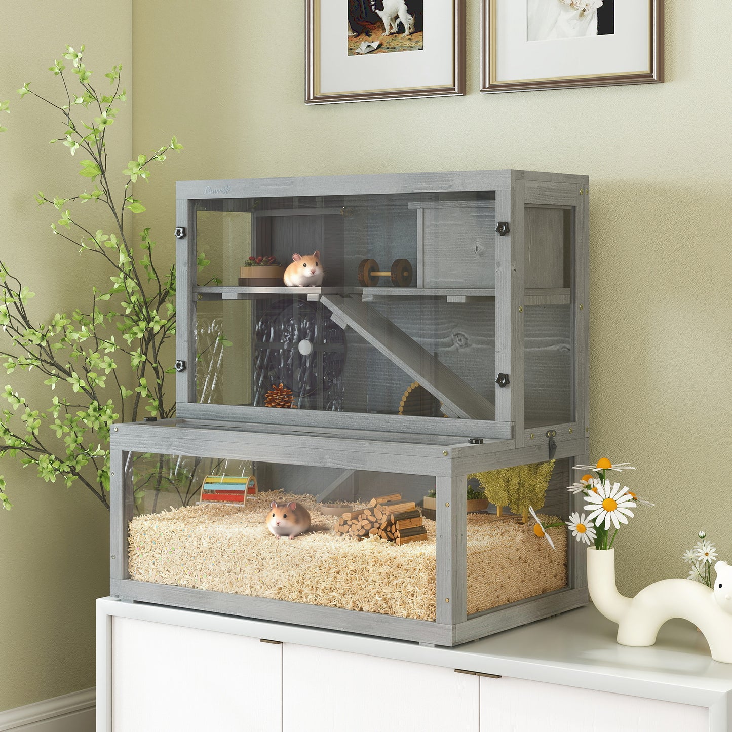 Wooden Hamster Cage with Hut, Wheel, Ramps, Removable Viewing Panels, 80 x 50 x 84 cm, Grey