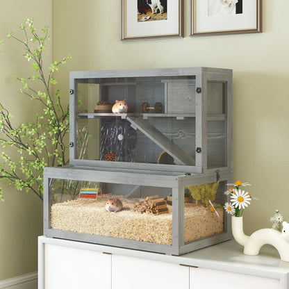 Wooden Hamster Cage with Hut, Wheel, Ramps, Removable Viewing Panels, 80 x 50 x 84 cm, Grey
