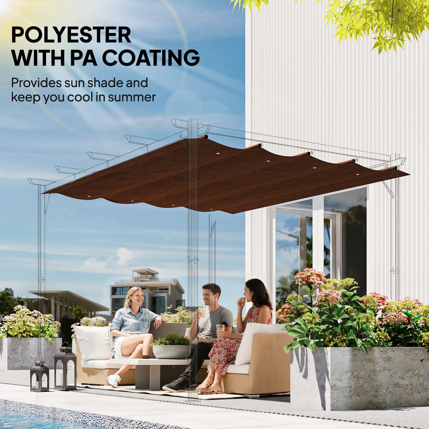 Pergola Cover Roof, 2.86 x 2.45 m Retractable Sun Shade Top for 3 x 2m Pergola Frame, UV30+ Protected, Coffee