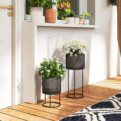 Metal Plant Pots Set of 2 with Hollow Design Flower Planters for Garden Balcony Black