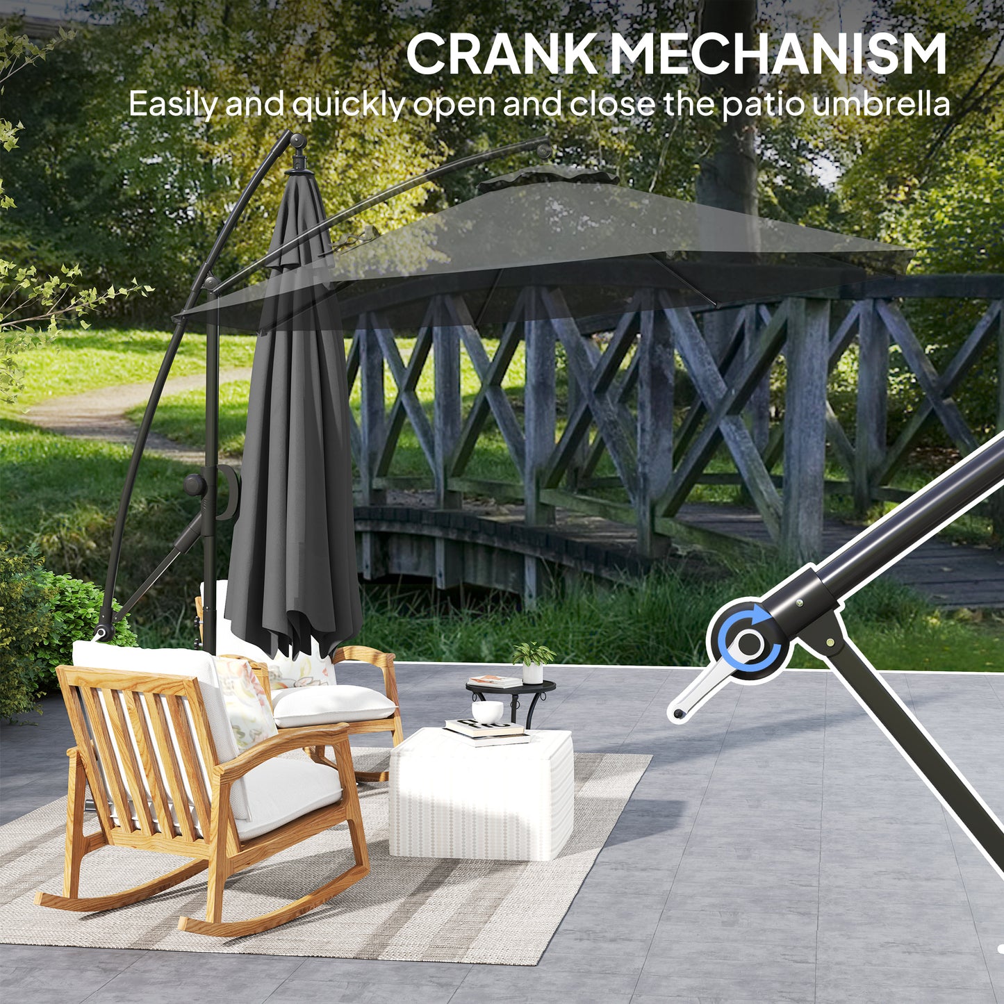 3(m) Garden Cantilever Parasol with Cover and Wind Protection Strap, Round Overhanging Umbrella with Crank Handle and Tilt
