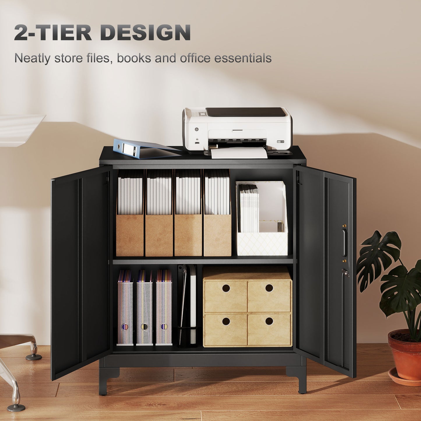 Lockable Metal Filing Cabinet, 2-Tier Storage Cupboard with Double Doors, Modern Office Organiser, Black