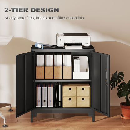Lockable Metal Filing Cabinet, 2-Tier Storage Cupboard with Double Doors, Modern Office Organiser, Black