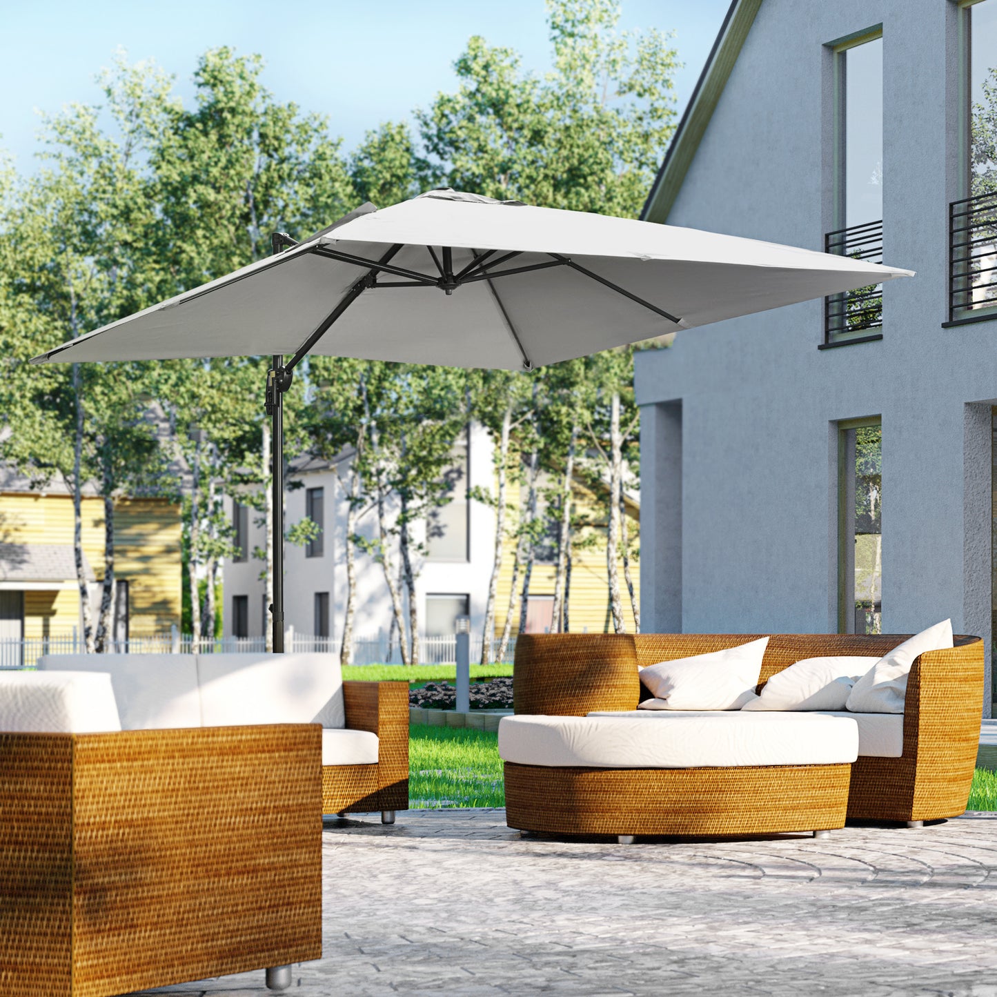 2.7 x 2.7 m Cantilever Parasol, Square Overhanging Umbrella with Cross Base, Crank Handle, Tilt