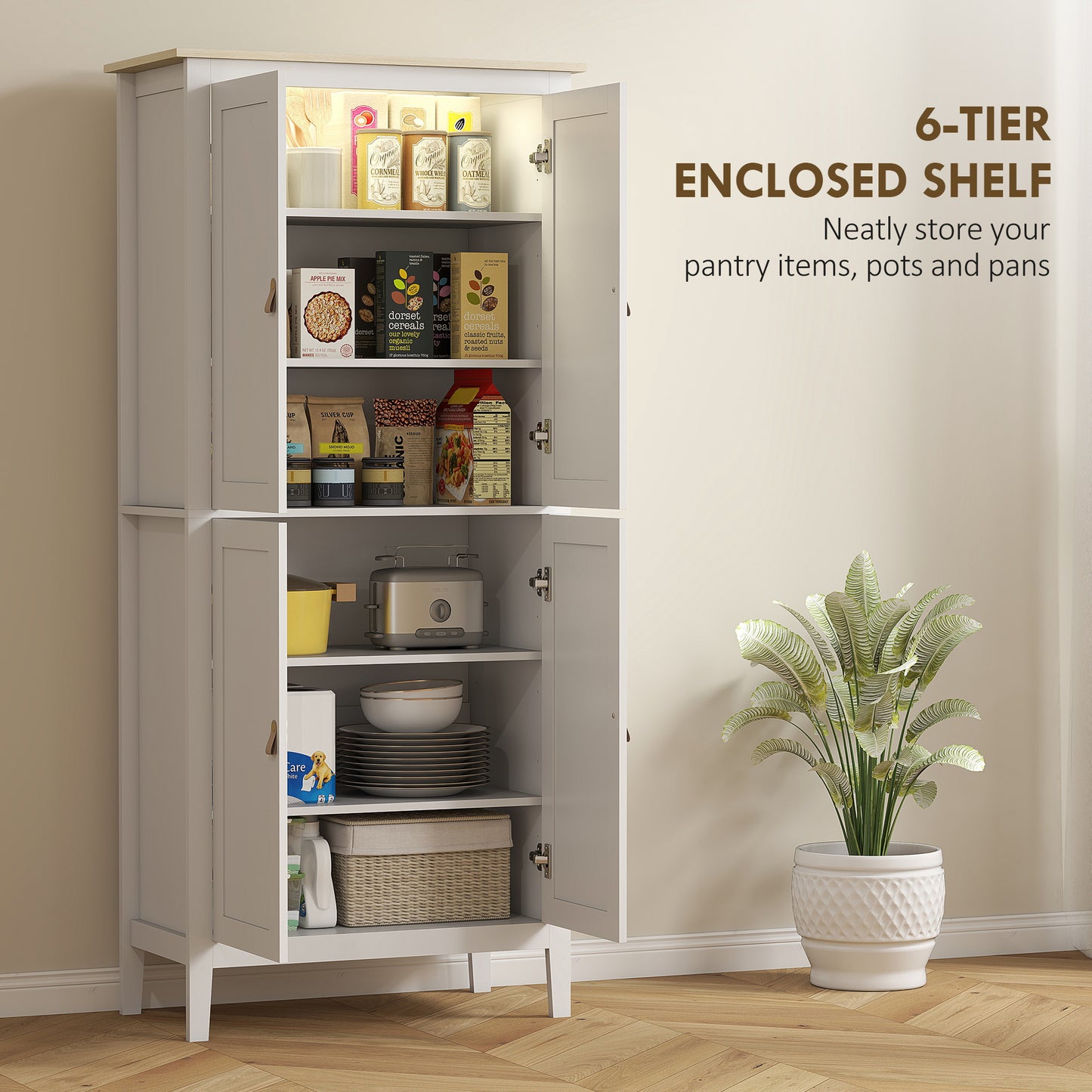 176.5 cm Tall Pantry Cupboard with Motion Sensor LED Light - White