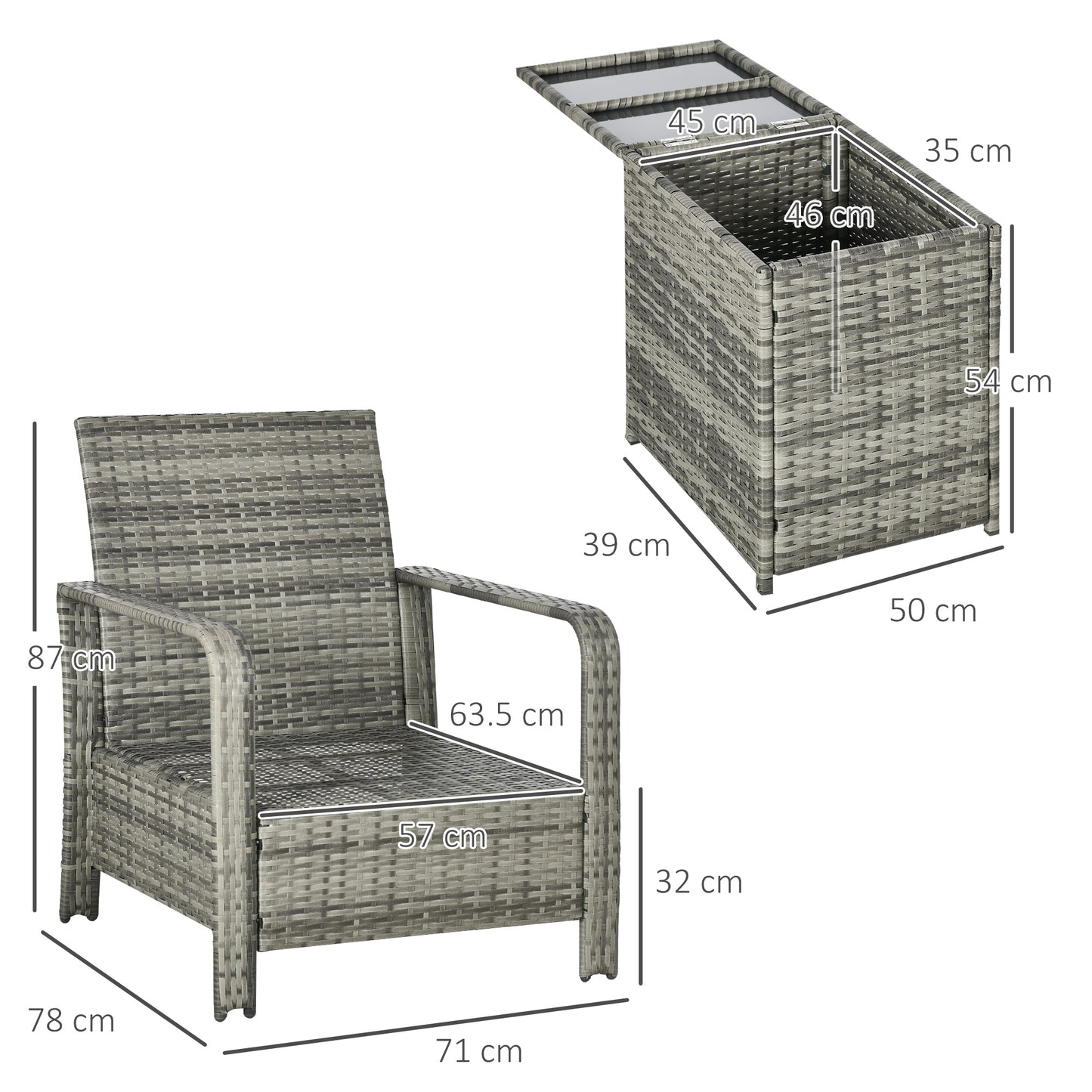 3 Pieces Rattan Bistro Set, Wicker Garden Furniture Set with Storage Coffee Table and Chairs, Thickened Cushions for Outdoor
