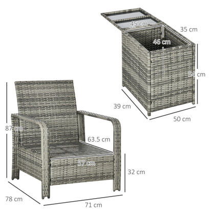 3 Pieces Rattan Bistro Set, Wicker Garden Furniture Set with Storage Coffee Table and Chairs, Thickened Cushions for Outdoor
