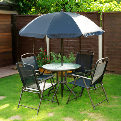 6 Piece Garden Dining Set with Umbrella, Patio Sets with Parasol with 4 Folding Dining Chairs, Black