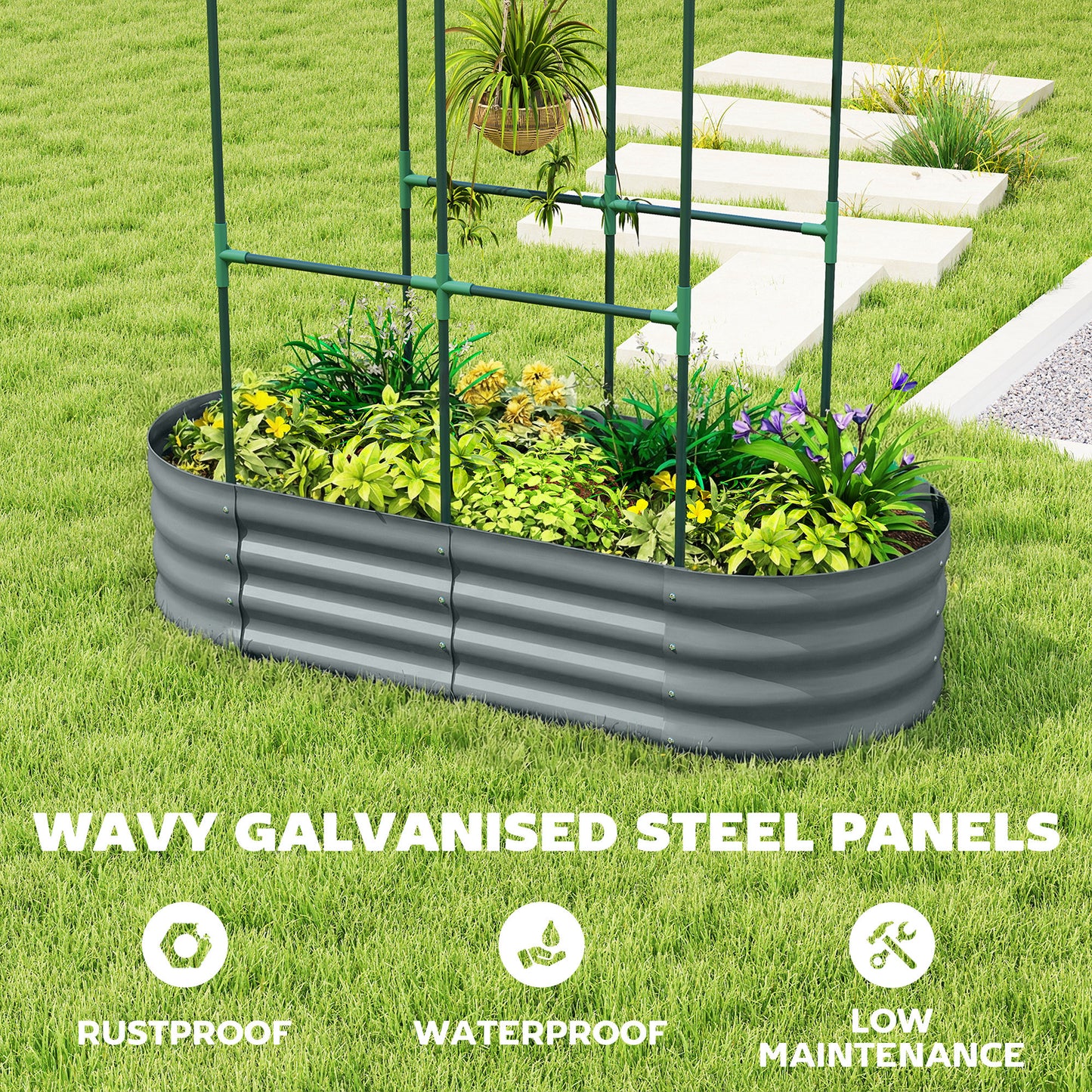 Galvanised Raised Garden Bed with Arched Trellis, 4 x 2 x 4.6ft Metal Raised Bed for Garden with Open Bottom, Dark Grey