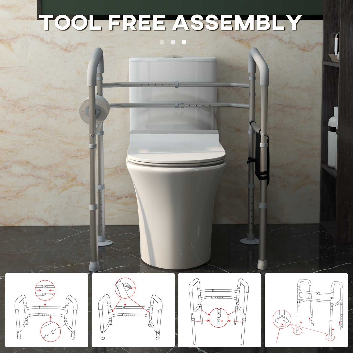Free Standing Toilet Frame, Height and Width Adjustable Toilet Safety Frame with Arms, 2 Additional Suction Cups