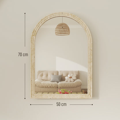 Arched Wall Mirror with Grooved Edge & Hooks, Wall-Mounted Mirror, Modern Tempered Glass & Polystyrene Beige