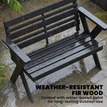 2 Seater Wooden Garden Bench, Slatted Patio Bench with Armrest and Backrest, Black