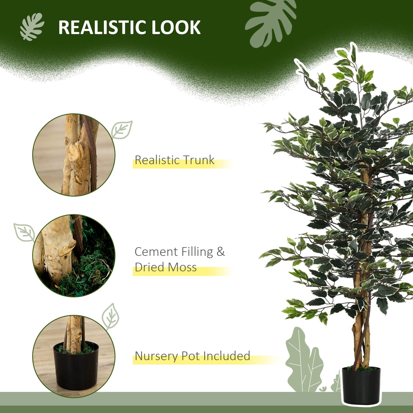 4.5ft Ficus Artificial Plant with Realistic Leaves, Potted Fake Tree for Home Office Indoor Decor, Green