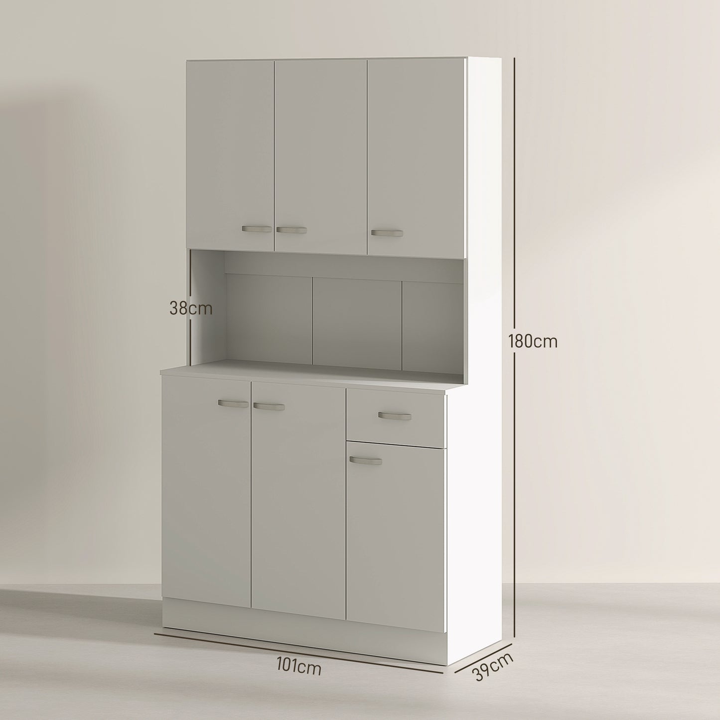 Freestanding Kitchen Pantry Storage Cabinet with Adjustable Shelves & Middle Worktop - White