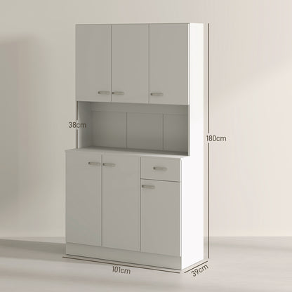 Freestanding Kitchen Pantry Storage Cabinet with Adjustable Shelves & Middle Worktop - White