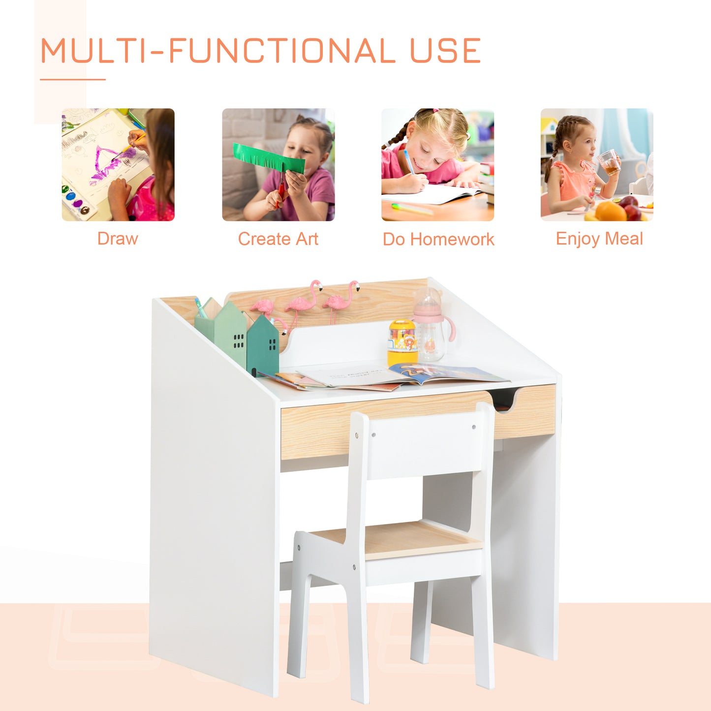 Kids Desk and Chair Set 2 Pieces Children Study Table with Storage Pull-Out Drawer Bookshelf for 3-6 Years Writing, Reading
