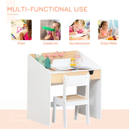 Kids Desk and Chair Set 2 Pieces Children Study Table with Storage Pull-Out Drawer Bookshelf for 3-6 Years Writing, Reading