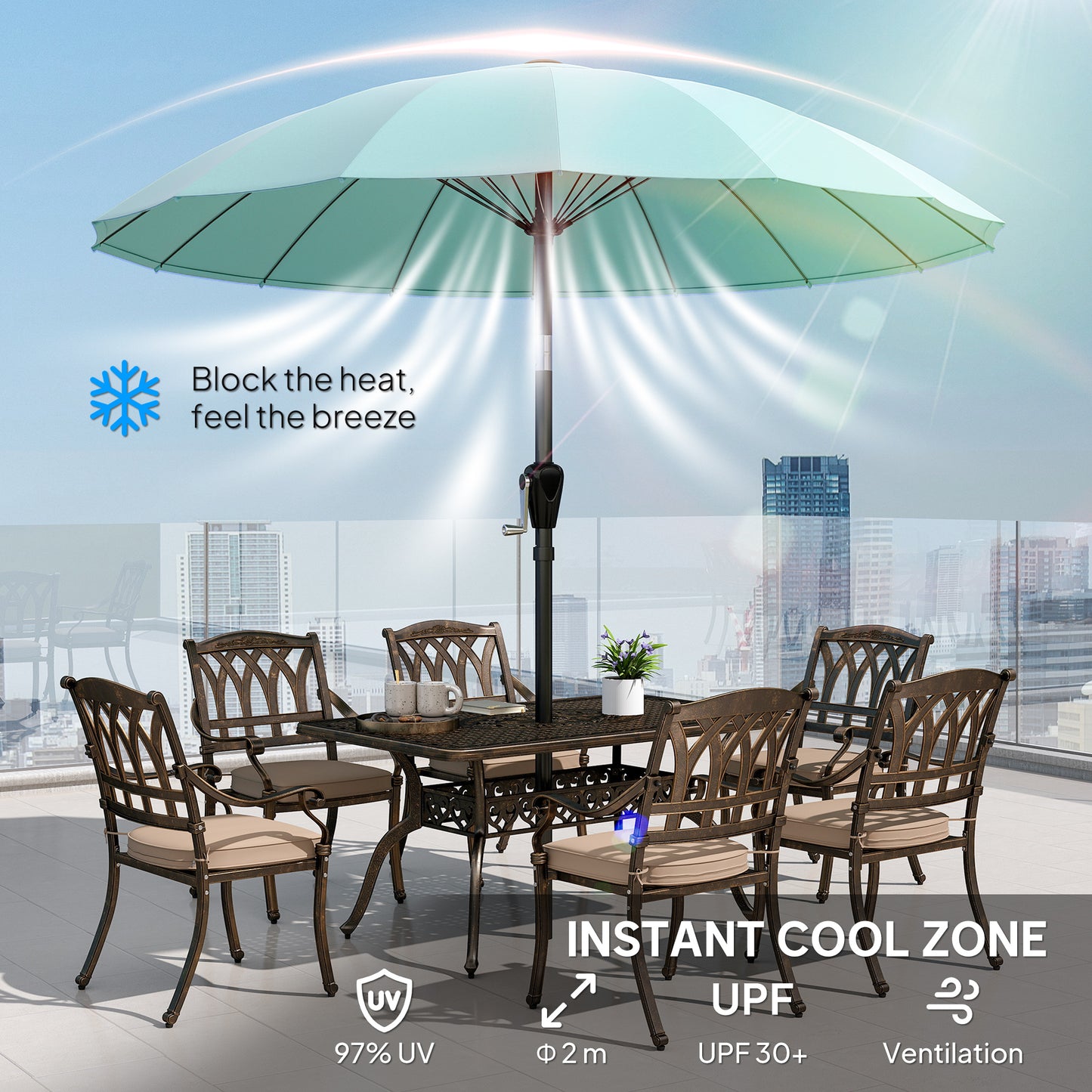 2 m Shanghai Garden Parasol Umbrella with 16 Fibreglass Ribs, Outdoor Parasol Sun Shade with Crank & Tilt, Turquoise