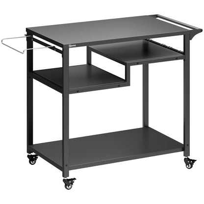 Outdoor Grill Cart, Three-Tier Pizza Oven Stand with Steel Tabletop, Hooks, Rubbish Bag Holder, Wheels, Black
