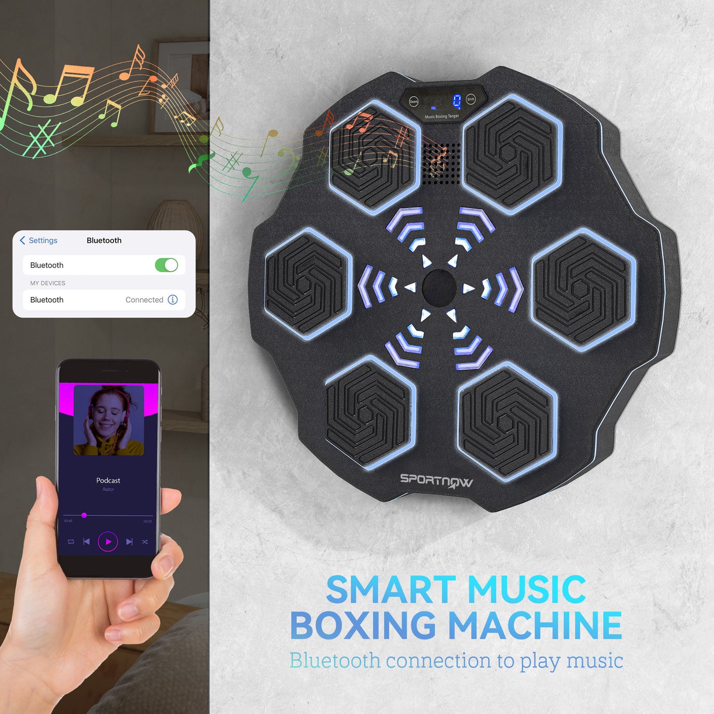 Music Boxing Machine, Smart Bluetooth Boxing Machine Wall Mounted with 9 Speeds & Modes, LED Lights, Punching Pad for Adults