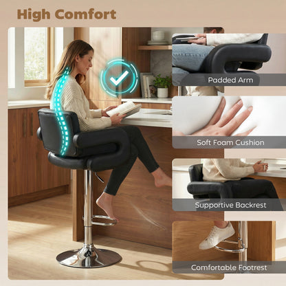Bar Stools Adjustable Swivel Kitchen Chairs with Backrest Armrest Set of 2 PU Leather Black