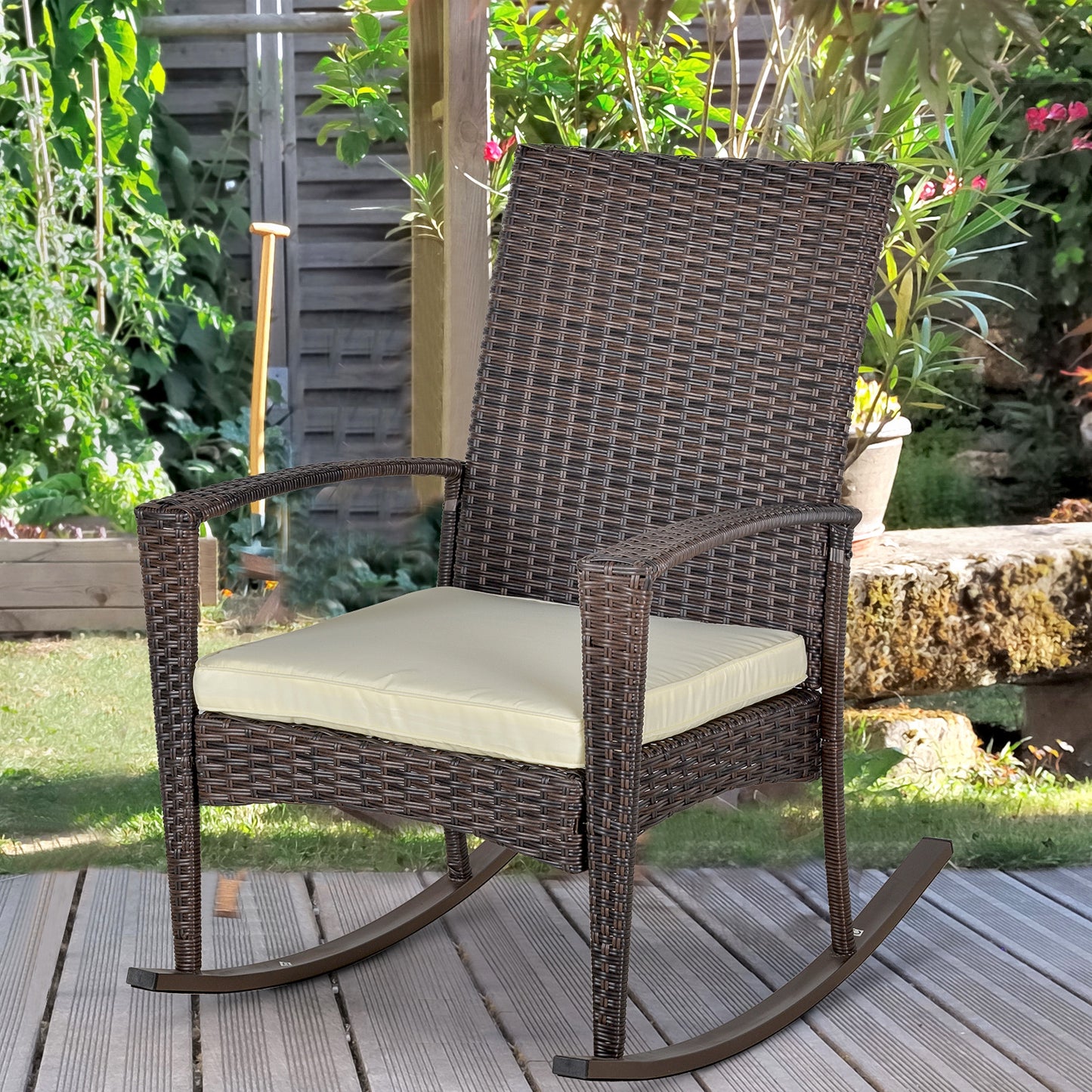 PE Rattan Garden Rocking Chair, Outdoor Rocking with Cushion, 160 KG Capacity Wicker Garden Armchair Rocker