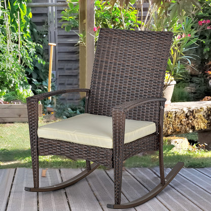 PE Rattan Garden Rocking Chair, Outdoor Rocking with Cushion, 160 KG Capacity Wicker Garden Armchair Rocker