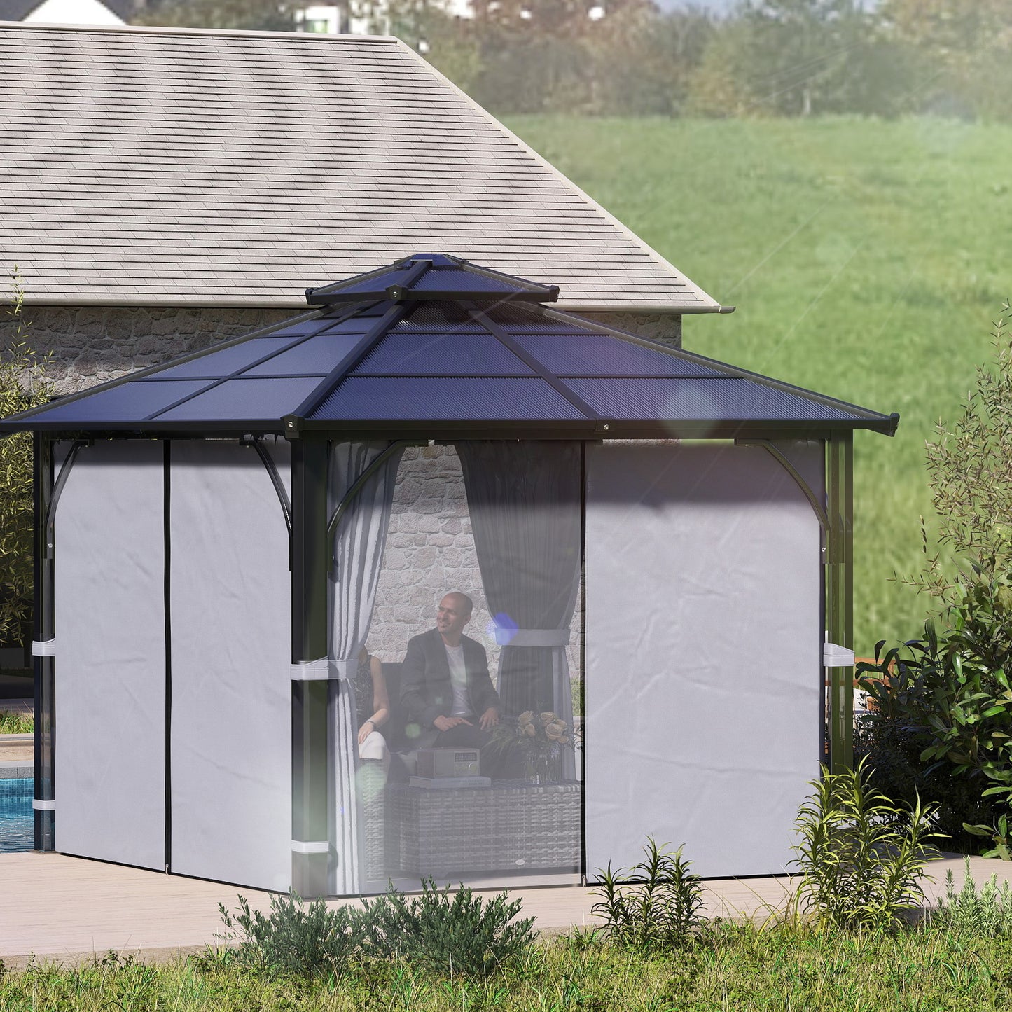 3 x 3(m) Hardtop Gazebo Canopy with 7mm Polycarbonate Double-Tier Roof, Garden Gazebo Permanent Pavilion