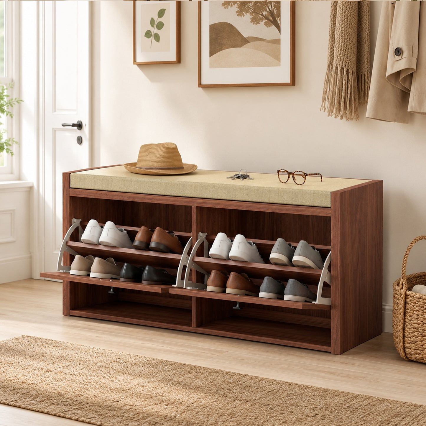Rattan Shoe Bench with Padded Cushion and 2 Cabinets for Hidden Storage, Brown