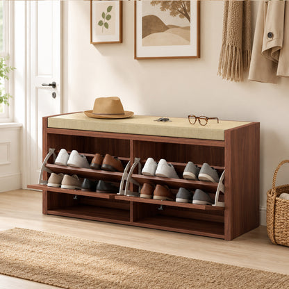 Rattan Shoe Bench with Padded Cushion and 2 Cabinets for Hidden Storage, Brown