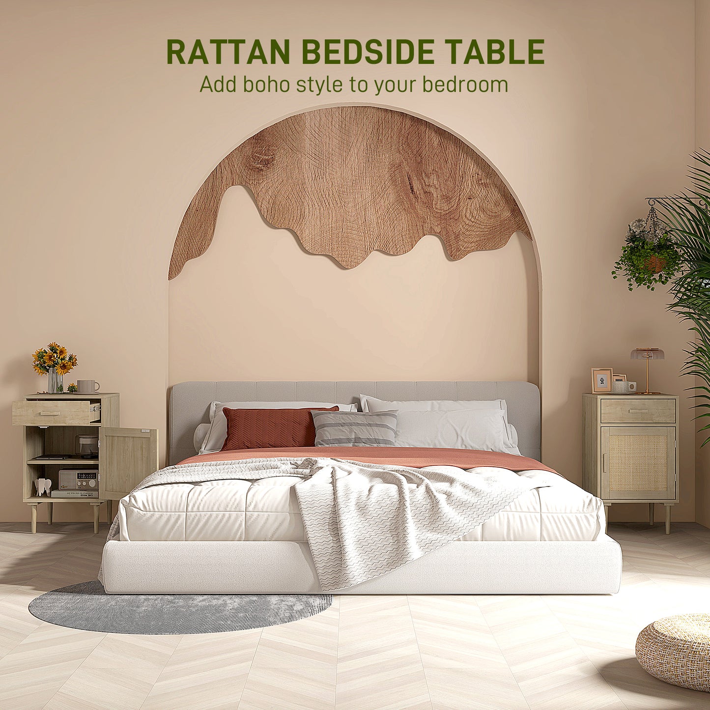 Bedside Table, Rattan Side Tables with Drawer, Cabinet and Adjustable Shelf, Boho Bedside Cabinet with Storage for Bedroom