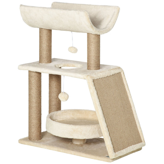 Cat Tree Tower, with Scratching Posts, Pad, Bed, Perch, Toy Ball - Light Brown