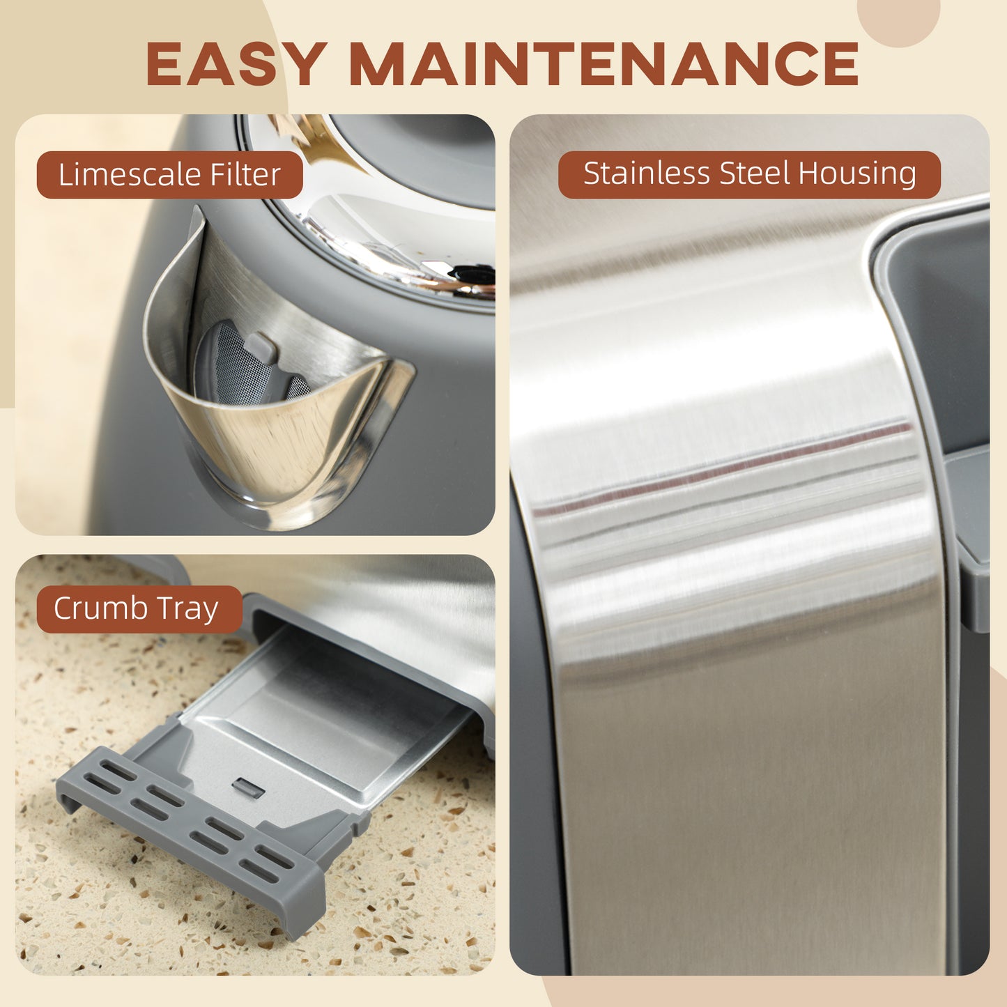 Stainless Steel Panel Kettle and Toaster Set - Grey