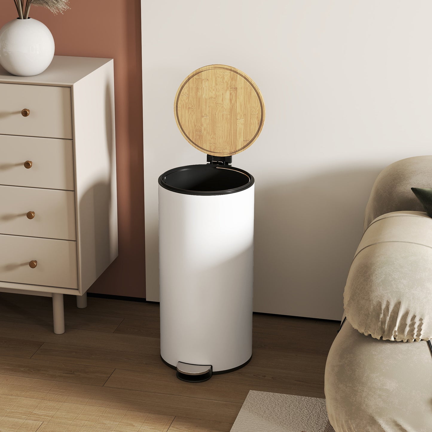 Kitchen Bin, 30 Litre Pedal Rubbish Bin with Removable Bucket, White and Natural