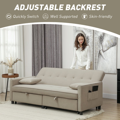 3 Seater Velvet Sofa Bed, Convertible Pull-Out Sofa Bed with Adjustable Backrest, Space Saving Living Room Sofa, Beige