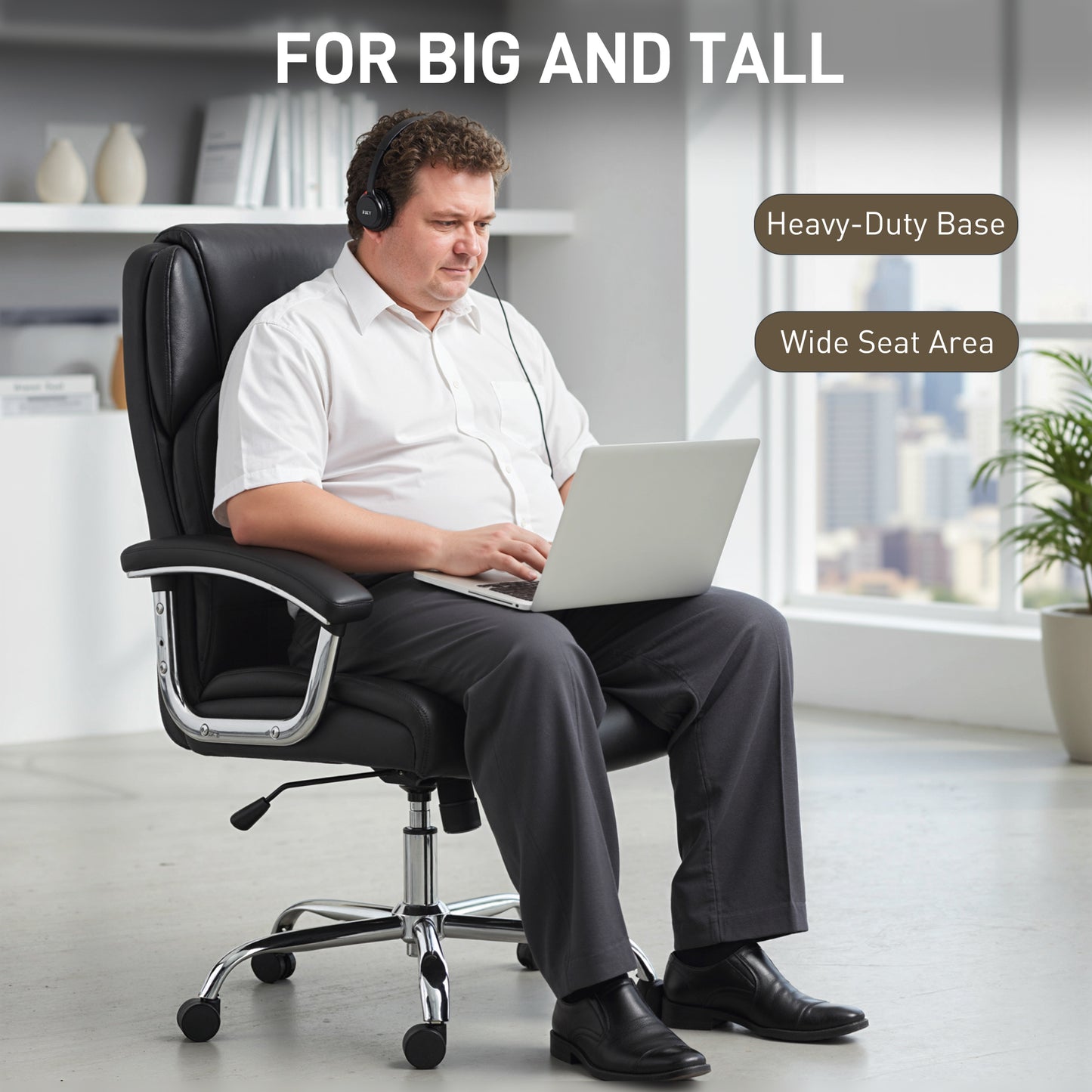 Big and Tall Office Chair 180kg with Spring Cushion, PU Leather - Black